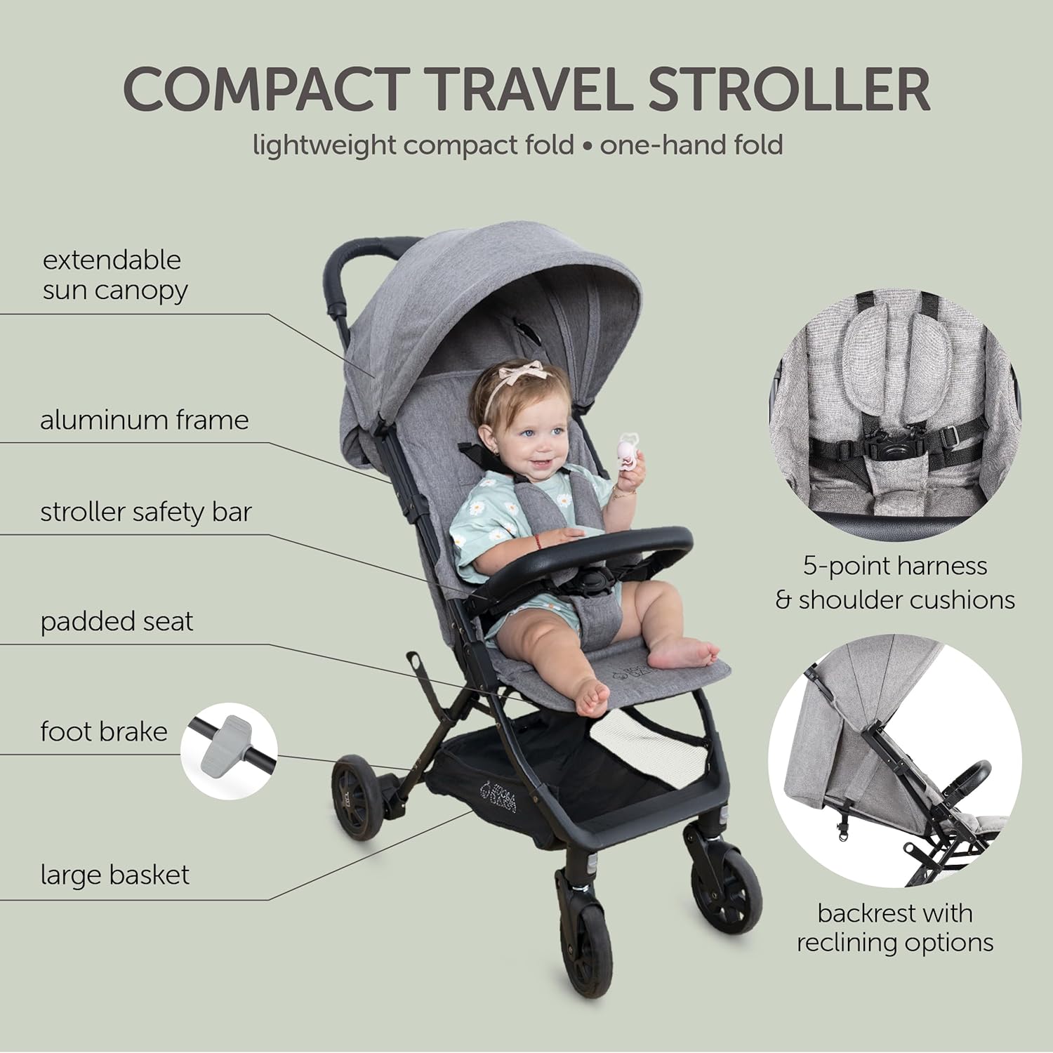 Lightweight Travel Stroller for Baby & Toddlers - Easy Fold & Compact Stroller with Canopy, Storage Basket, Multi-Position Recline & Convenient One-Hand Fold (Grey) - Image 2