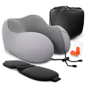 Plane Neck Pillow for Long Flights – 4-in-1 Set | Adjustable Memory Foam Gray Airplane Pillow Neck Support, Eye Mask, Earplugs, & Cover | Soft Washable Cotton Cover, Button Closure – Comfort Traveling