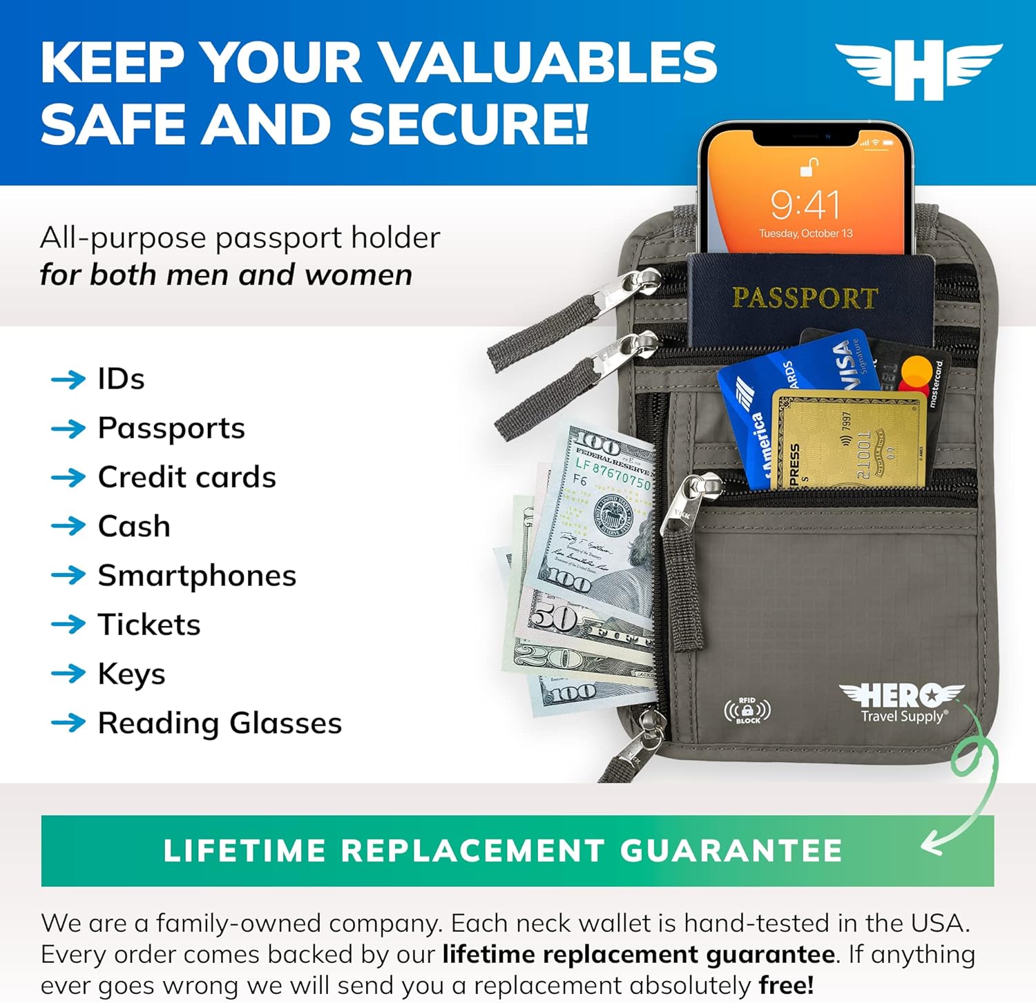 HERO Neck Wallet, RFID Blocking Passport Holder, Easy to Conceal Travel Pouch - Image 2