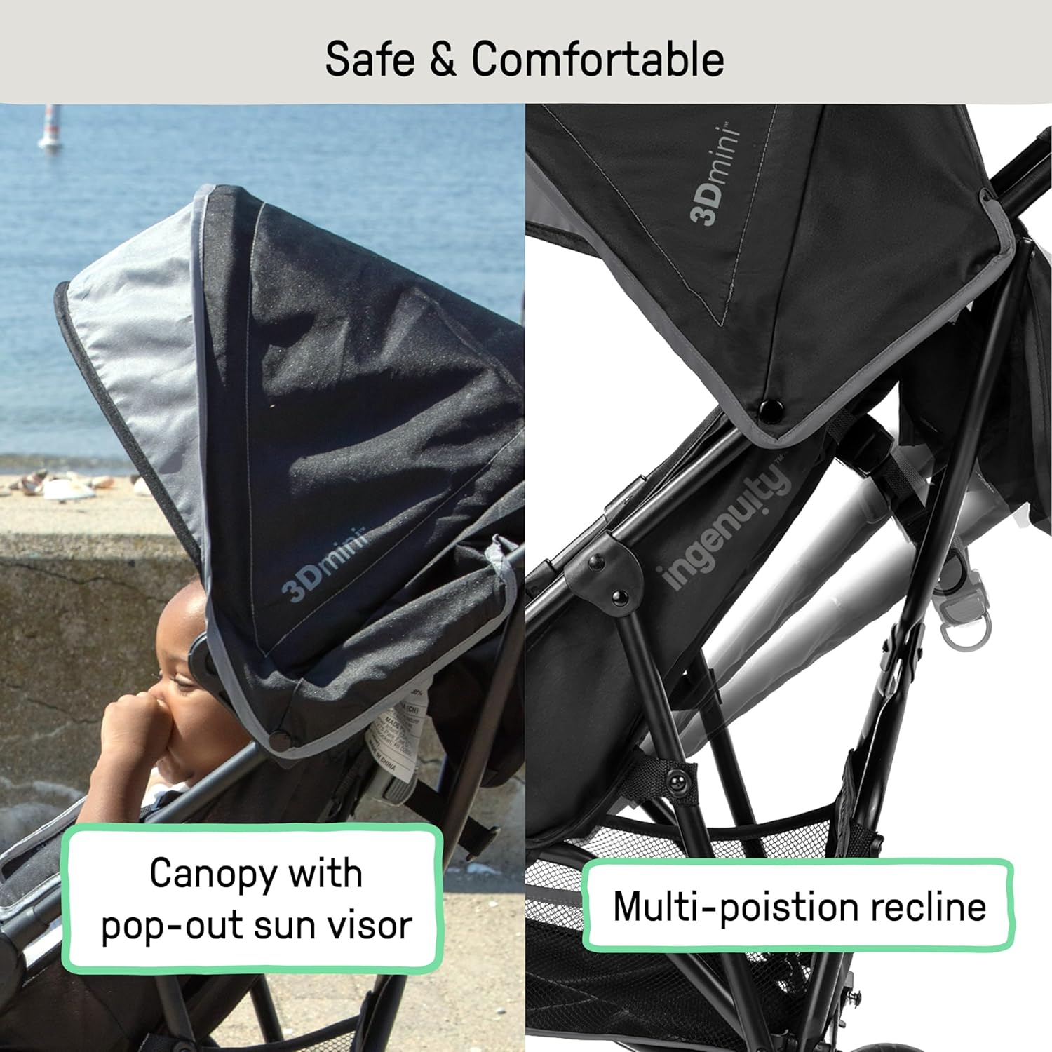 Ingenuity 3D Mini Convenience Stroller – Lightweight Stroller with Compact Fold, Multi-Position Recline, Canopy with Pop Out Sun Visor and More – Umbrella Stroller for Travel and More, Gray - Image 4