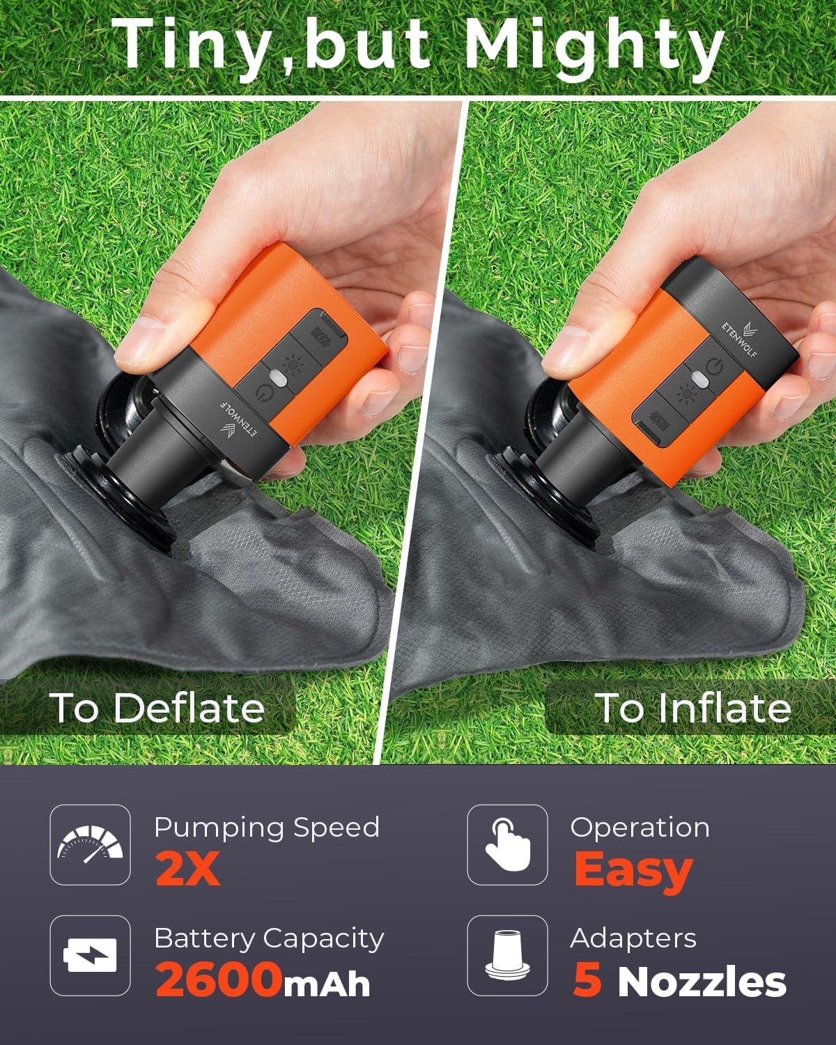 ETENWOLF AIR 3 Air Pump for Inflatables with 2600 mAh Battery & Camping Light, Ultra-Fast and Mini Electric Air Pump, Inflate Deflate for Air Mattress, Pool Floats, Vacuum Storage Bags - Image 2