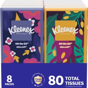 Kleenex On-The-Go Facial Tissues, 8 On-The-Go Packs, 10 Tissues per Box, 3-Ply (80 Total), Packaging May Vary