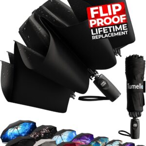 TUMELLA Flip-proof Inverted Travel Umbrella, Small Strong but Light Portable and Automatic Reverse Folding Rain Umbrella, Durable Premium Grip, Fits Car & Backpack