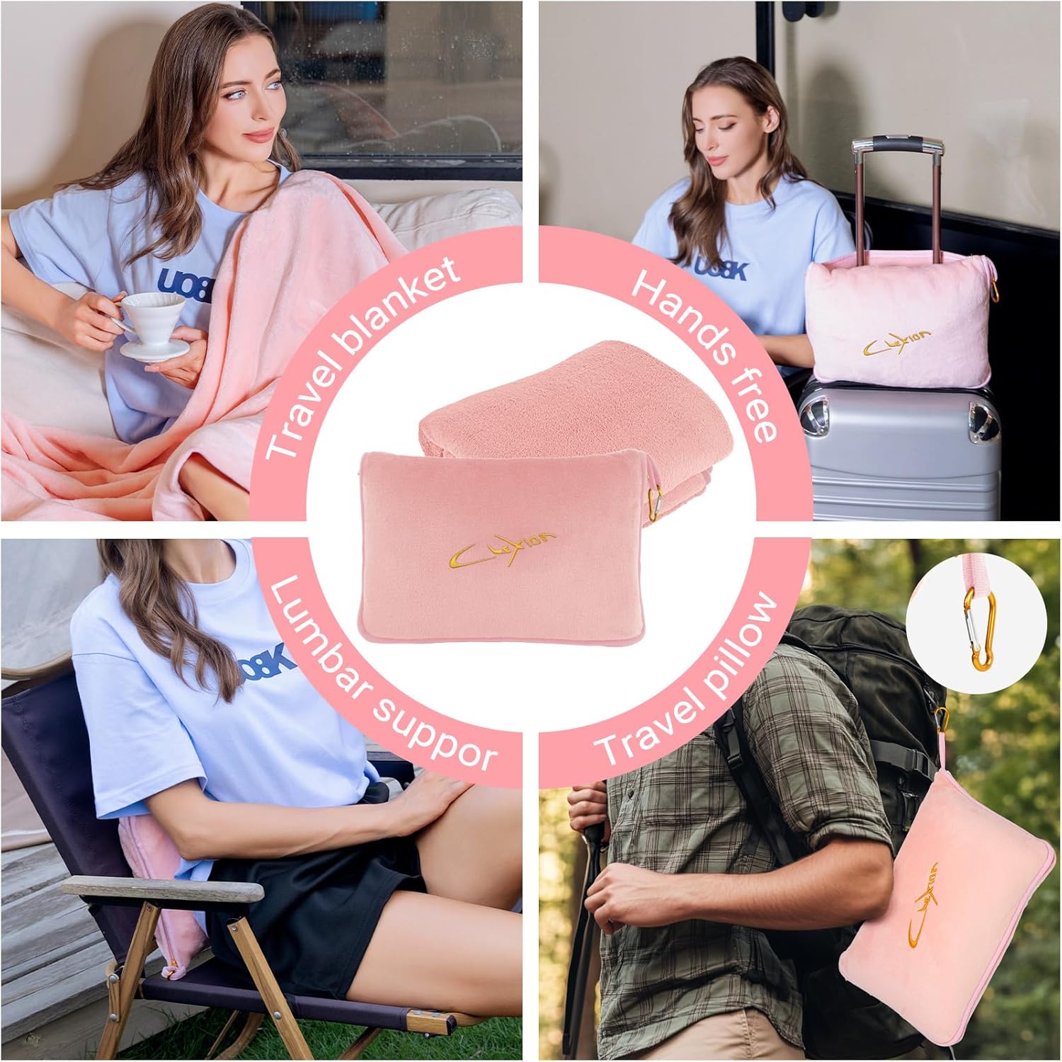 Travel Blanket & Pillow Set, 300 GSM Soft Fleece, 60x43 Inches, 3-in-1 Airplane Blanket, Travel Pillow and Blanket Set, Travel Blanket Airplane Compact with Bag, Travel Essentials, Pink - Image 2