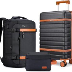 Luggage Sets 3 Piece with Spinner Wheels, Lightweight PC Hardside Suitcase with TSA Lock & YKK Zippers, 20 Inch Carry On Luggage with Travel Bag for Men and Women, Black