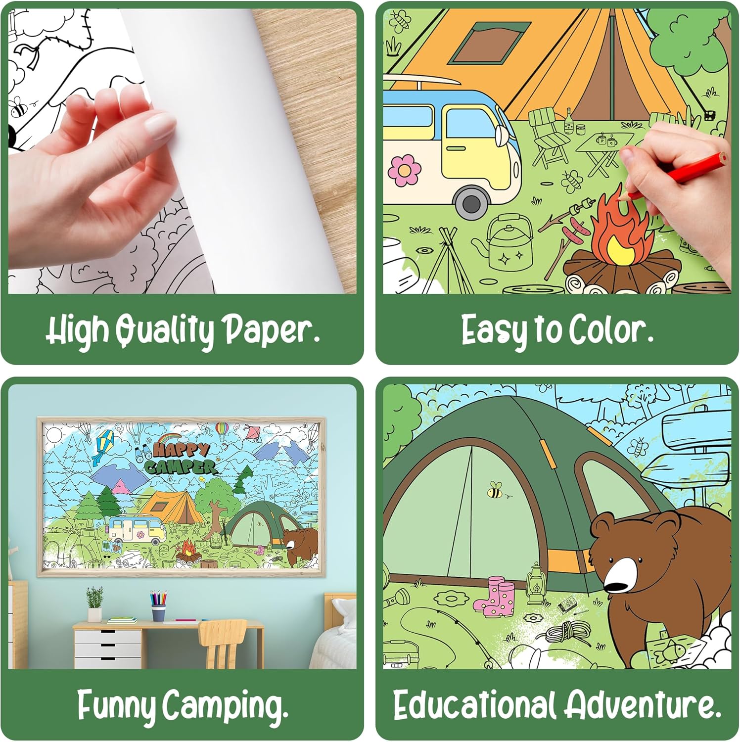 Camping Giant Coloring Poster Happy Camper Tablecloth Outdoor Adventure Travel Hiking Tent Table Cover School Classroom DIY Art Crafts Drawing Activity Birthday Party Game Supplies Wall Decor for Kids - Image 3