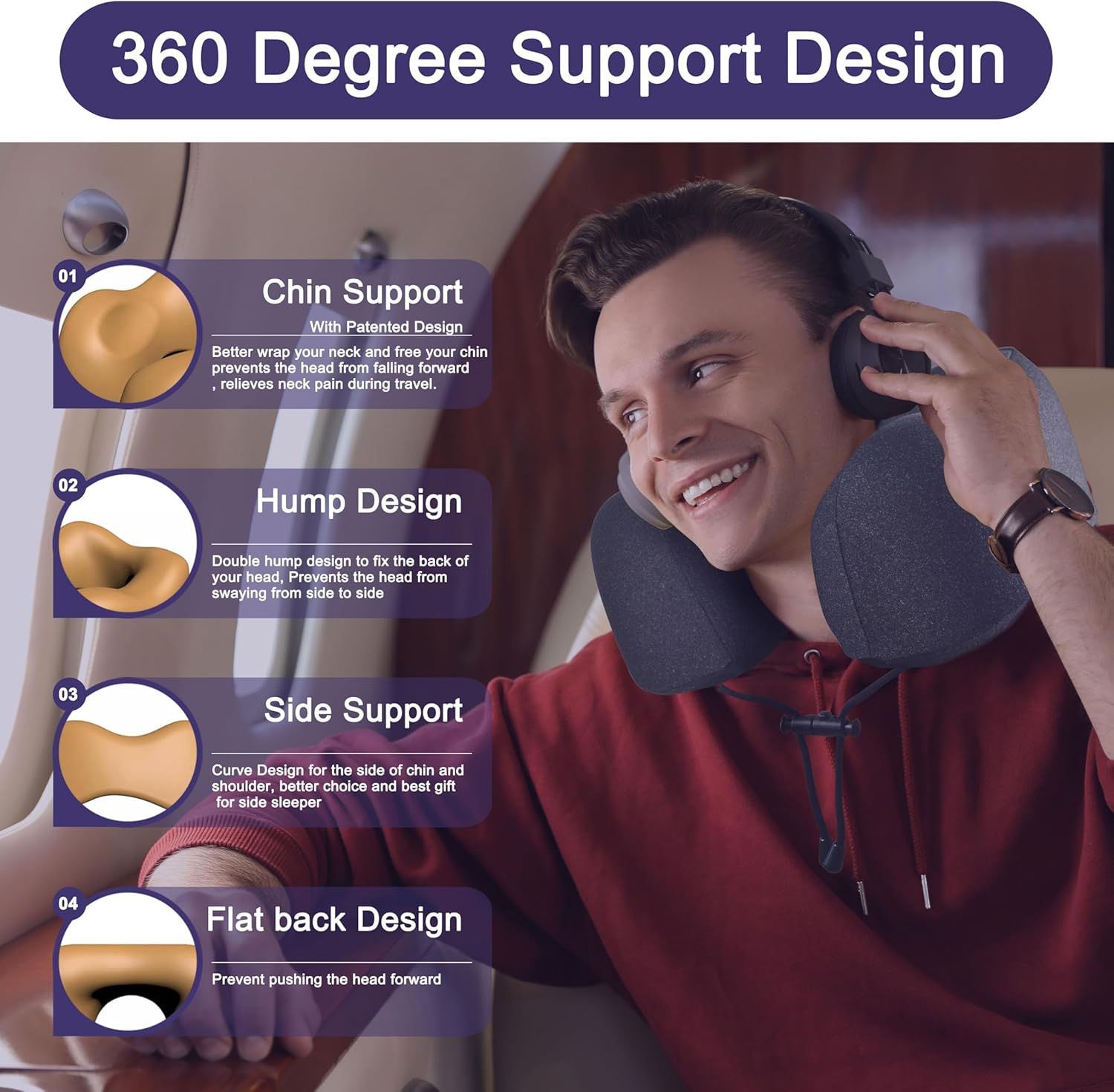 napfun Neck Pillow for Traveling, Upgraded Travel Neck Pillow for Airplane 100% Pure Memory Foam Travel Pillow for Flight Headrest Sleep, Portable Plane Accessories, Simple Sets (Optional), Full Black - Image 3