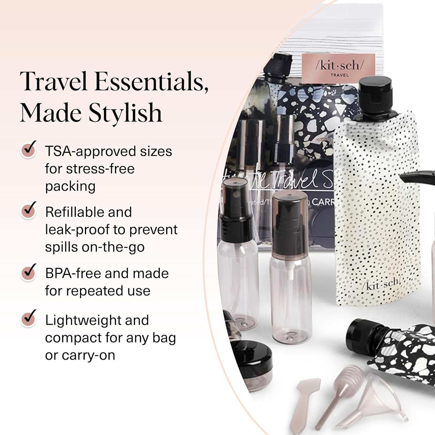 Kitsch 11 PCS Travel Bottles for Toiletries – Travel Essentials Kit for Shampoo, Conditioner, Lotion & More - TSA Approved Travel Bottles, Leak-Proof Refillable Travel Size Containers - Black & Ivory - Image 3