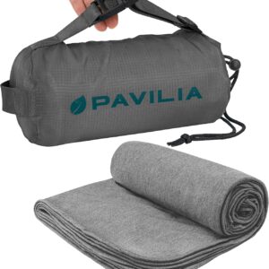 PAVILIA Travel Blanket Airplane Compact with Bag, Soft Packable Plane Blanket Kids Adults, Portable Camping Flight Essentials, Travelers Gifts Accessories, Luggage Backpack Strap, 65x40 Gray