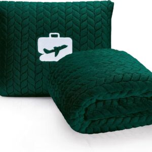 EverSnug Travel Blanket & Pillow 68x42 - Premium Ultra-Soft Microfleece 2 in 1 Compact & Packable Flight Blanket with Soft Bag Pillowcase, Hand Luggage Sleeve and Backpack Clip (Forest Green)