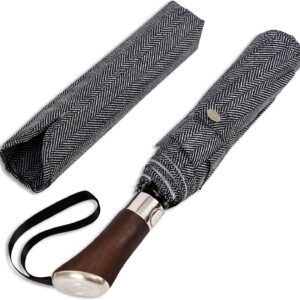 Balios (Designed in UK) Travel Umbrella Luxurious Golden Hardwood Handle Auto Open & Close Windproof Frame Single Canopy Automatic Folding Umbrella Men's & Ladies