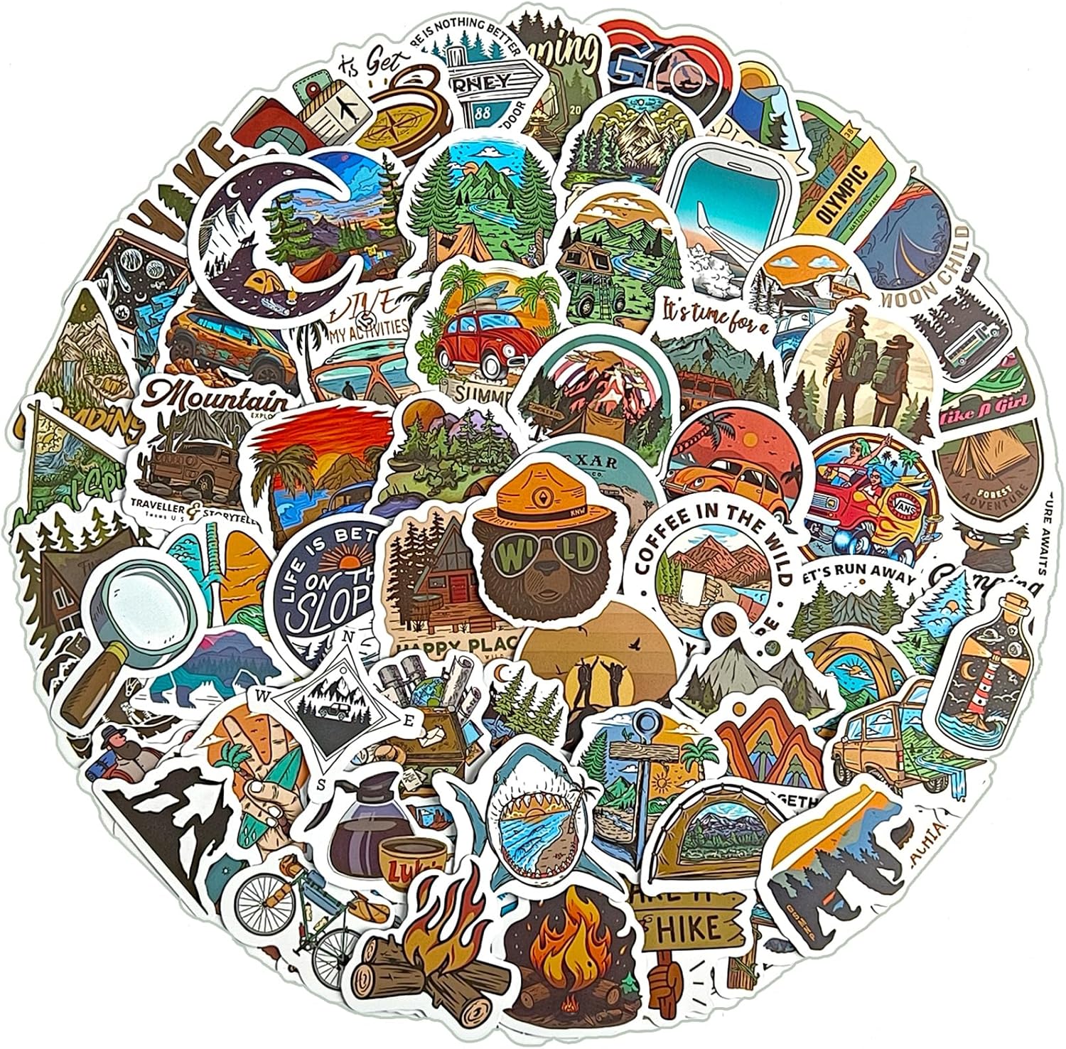 Camping Stickers - 100 pcs Bulk Waterproof Vinyl, Outdoor Travel, Hiking, Nature, Adventure Time Themes - for Scrapbooking, Luggage, Water Bottles, Journaling - Ideal for Adults, Kids, Teens