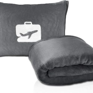 EverSnug Travel Blanket and Pillow - Premium Soft 2 in 1 Airplane Blanket with Soft Bag Pillowcase, Hand Luggage Sleeve and Backpack Clip (Grey)