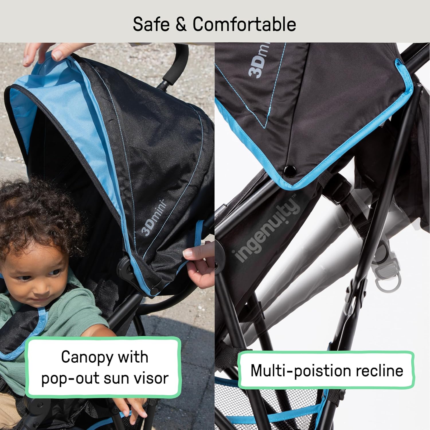 Ingenuity 3D Mini Convenience Stroller – Lightweight Stroller with Compact Fold, Multi-Position Recline, Canopy with Pop Out Sun Visor – Umbrella Stroller for Travel & More, Blue/Black - Image 4