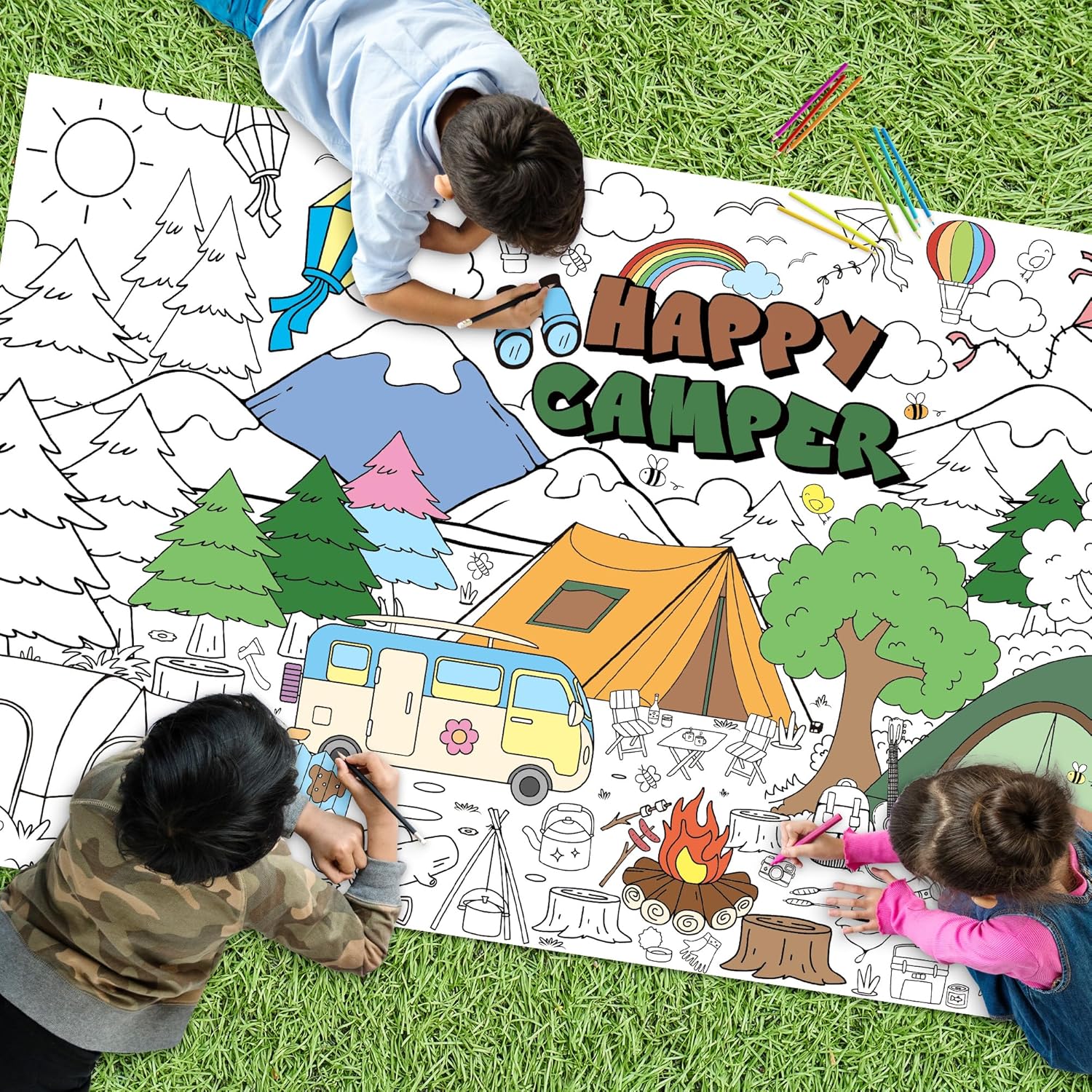 Camping Giant Coloring Poster Happy Camper Tablecloth Outdoor Adventure Travel Hiking Tent Table Cover School Classroom DIY Art Crafts Drawing Activity Birthday Party Game Supplies Wall Decor for Kids - Image 6