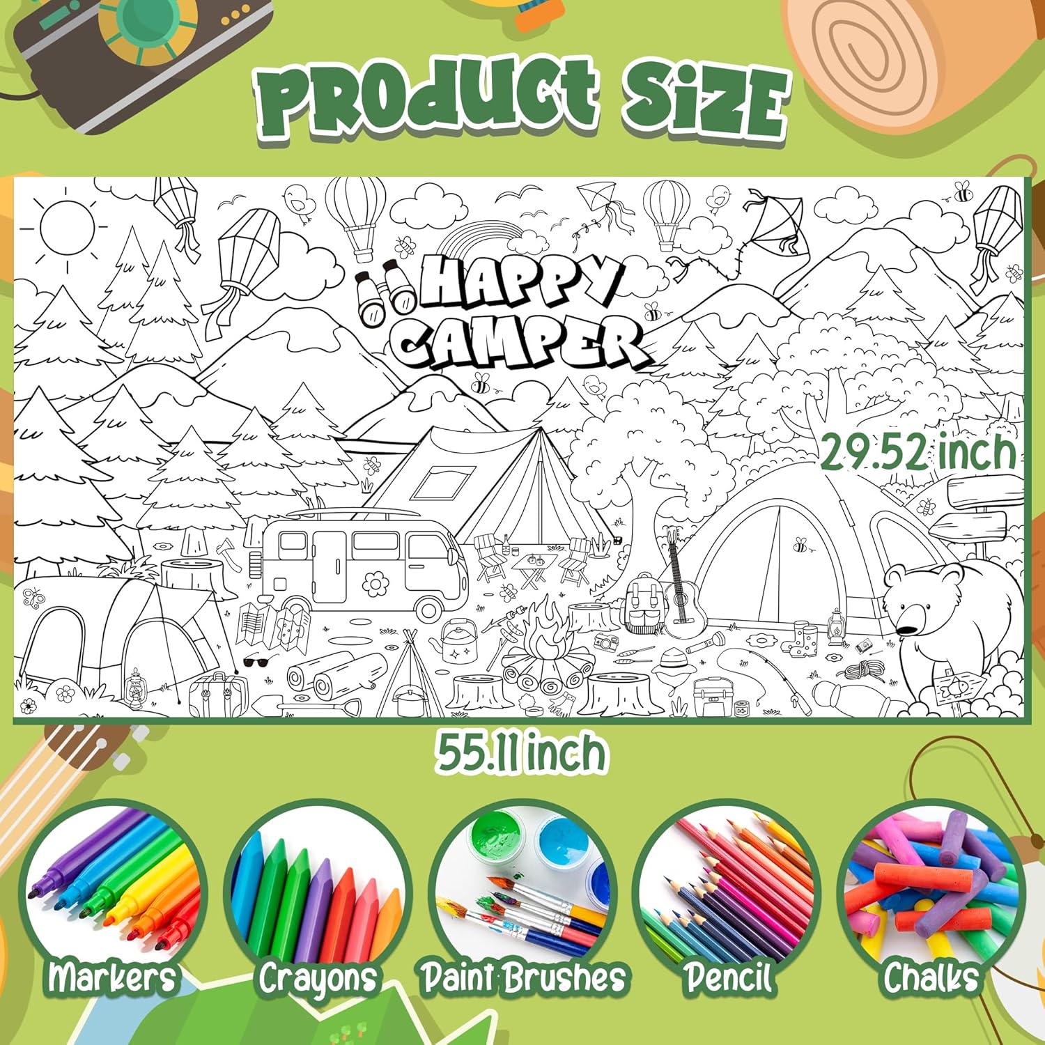 Camping Giant Coloring Poster Happy Camper Tablecloth Outdoor Adventure Travel Hiking Tent Table Cover School Classroom DIY Art Crafts Drawing Activity Birthday Party Game Supplies Wall Decor for Kids - Image 2