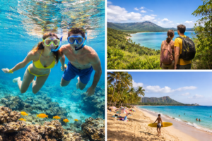 Snorkeling, hiking, and beach activities in Hawaii during the sunny summer months